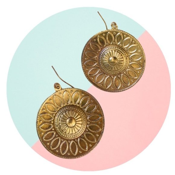 EARRINGS GOLD ORANGE MEDALLION - Picture 2 of 2